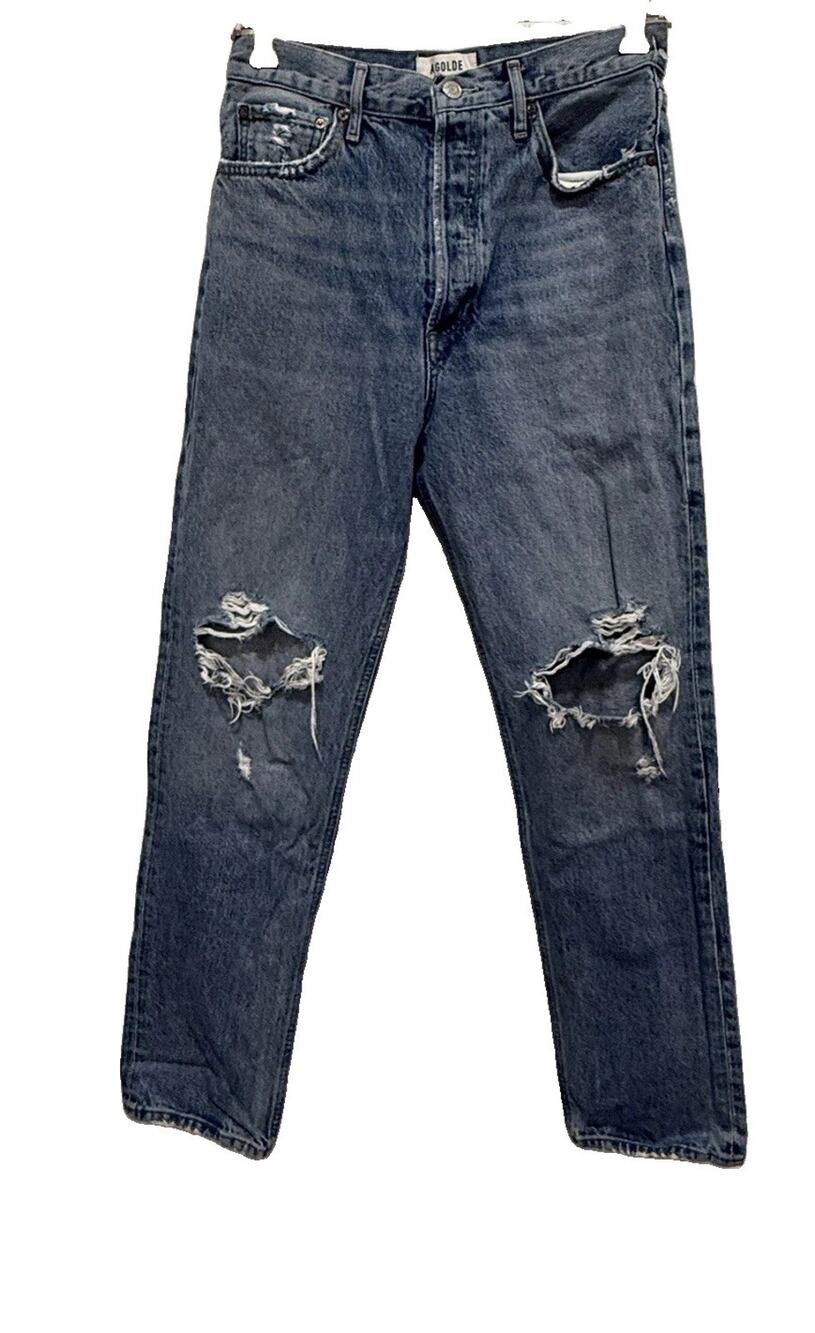AGOLDE 90’s Pinch Waist High Rise Straight Jeans Distressed Blue Size 27 (28X30)